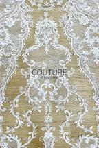 Beadings Lace: Ivory Ornate Baroque Floral Scrollwork with Densely Beaded Scalloped Floral Edge, 3 Meters