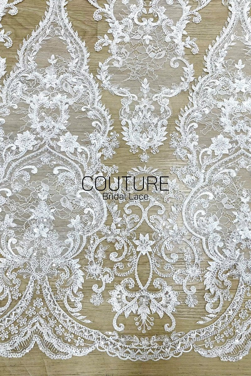 Beadings Lace: Ivory Ornate Baroque Floral Scrollwork with Densely Beaded Scalloped Floral Edge, 3 Meters