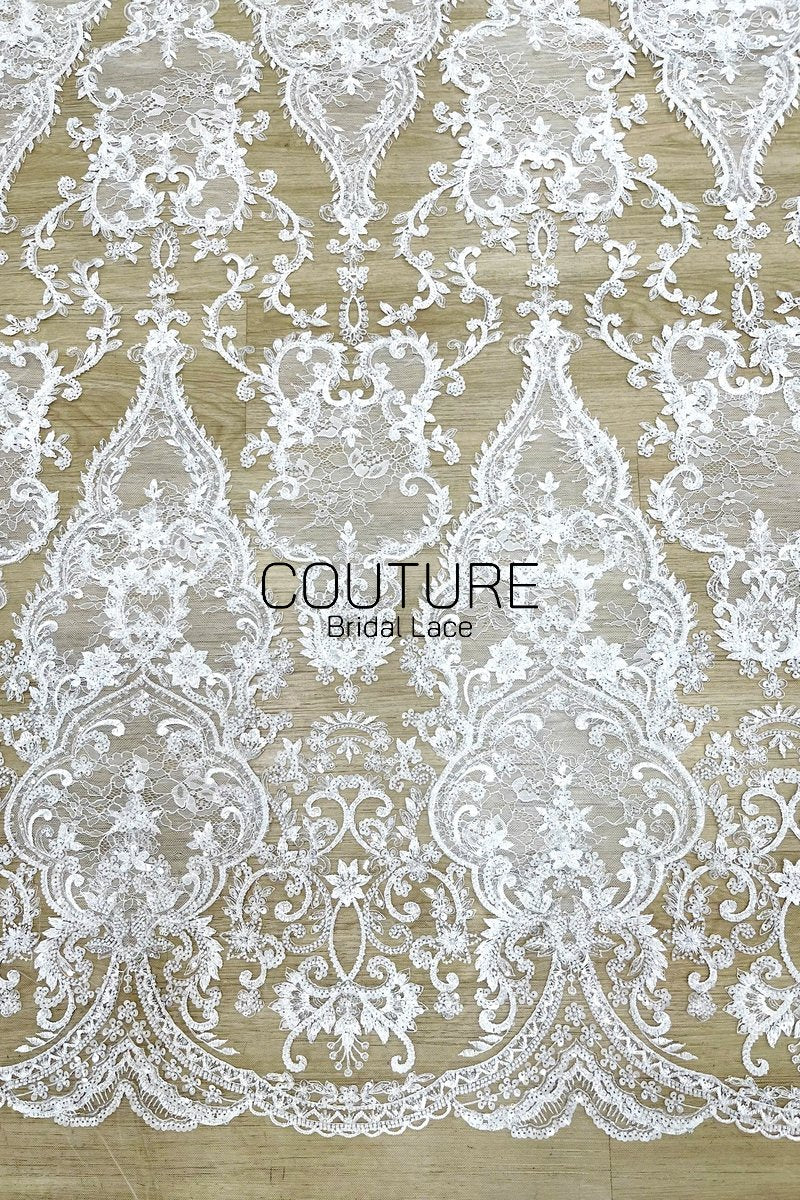 Beadings Lace: Ivory Ornate Baroque Floral Scrollwork with Densely Beaded Scalloped Floral Edge, 3 Meters