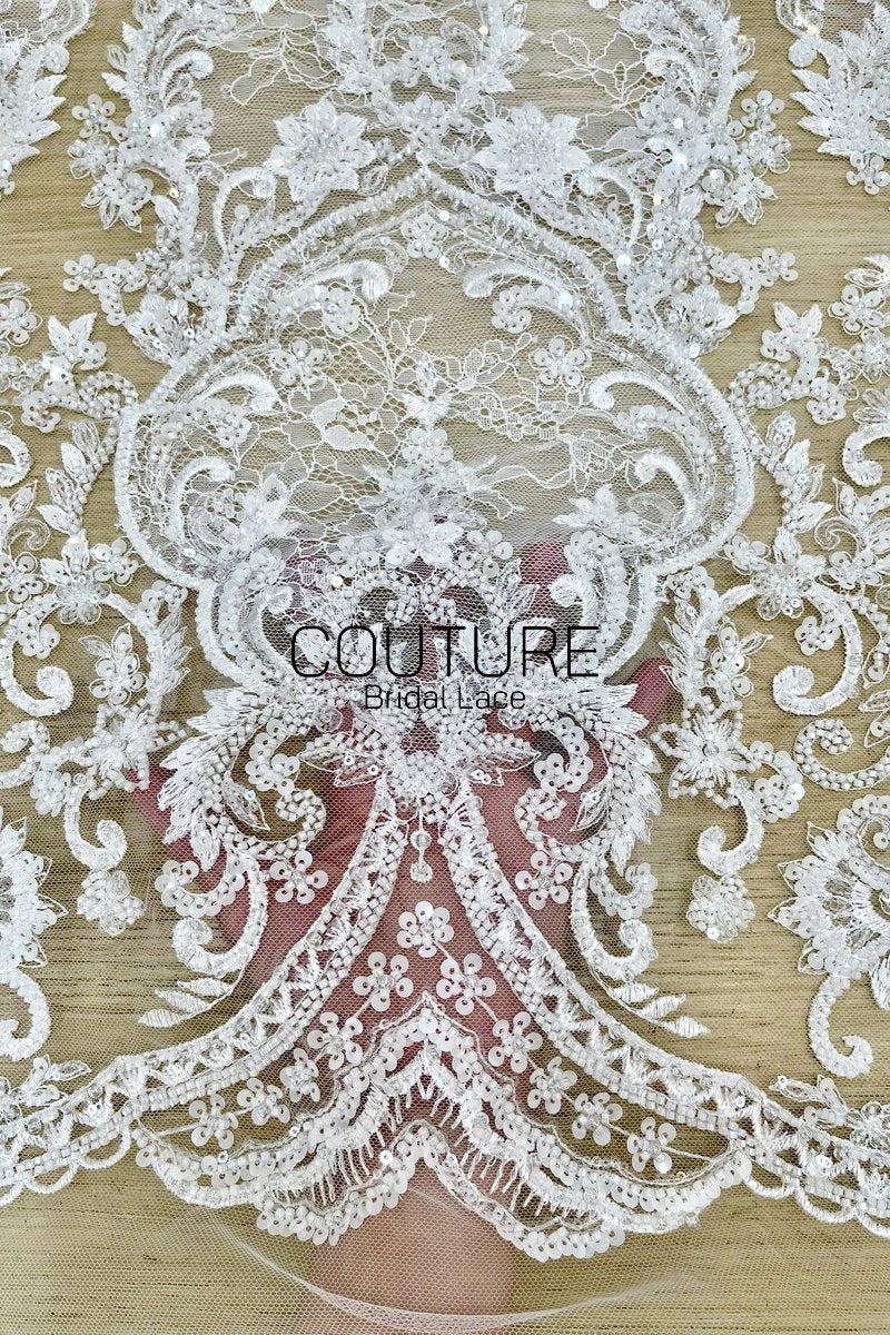Beadings Lace: Ivory Ornate Baroque Floral Scrollwork with Densely Beaded Scalloped Floral Edge, 3 Meters