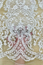 Beadings Lace: Ivory Ornate Baroque Floral Scrollwork with Densely Beaded Scalloped Floral Edge, 3 Meters