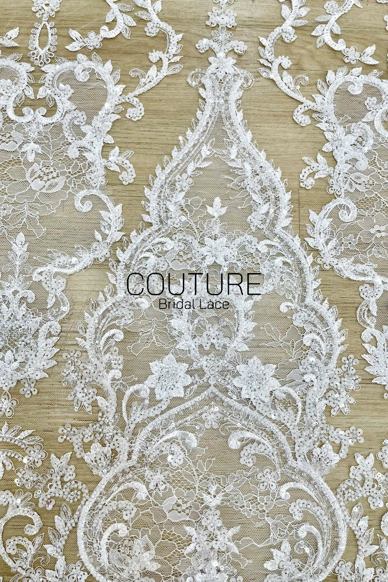 Beadings Lace: Ivory Ornate Baroque Floral Scrollwork with Densely Beaded Scalloped Floral Edge, 3 Meters
