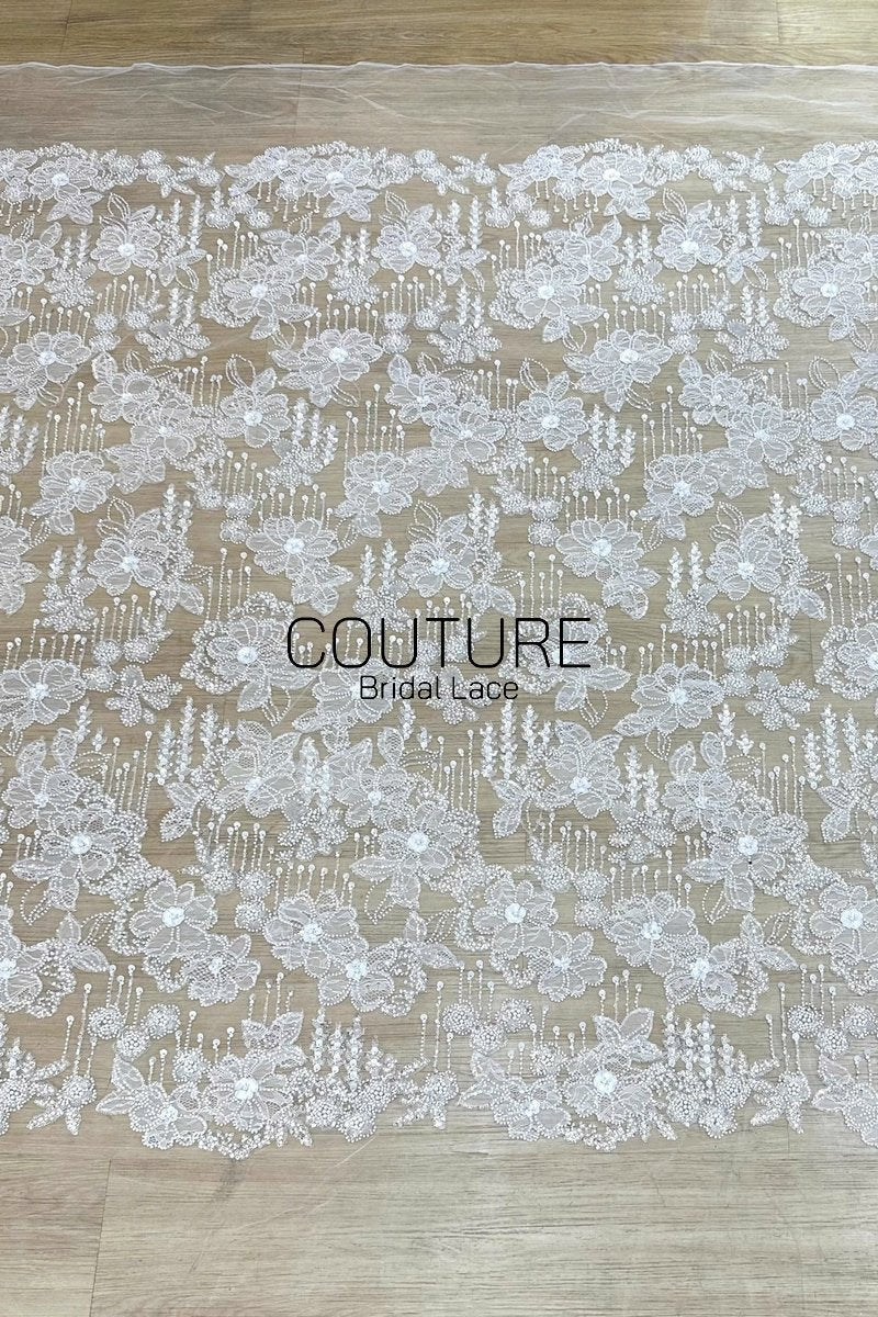 Beadings Lace: Ivory Floral Lace Appliqués with Densely Beaded Pearl Embellished Floral Edge, 3 Meters
