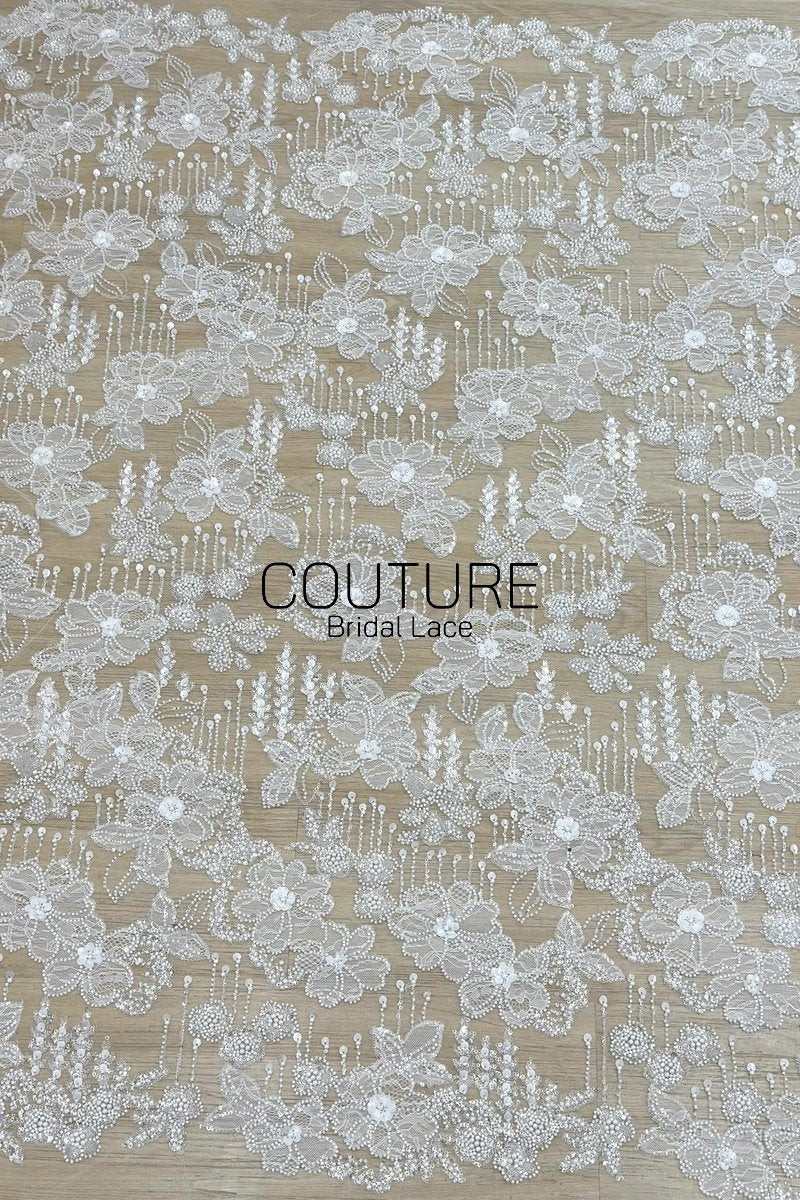 Beadings Lace: Ivory Floral Lace Appliqués with Densely Beaded Pearl Embellished Floral Edge, 3 Meters