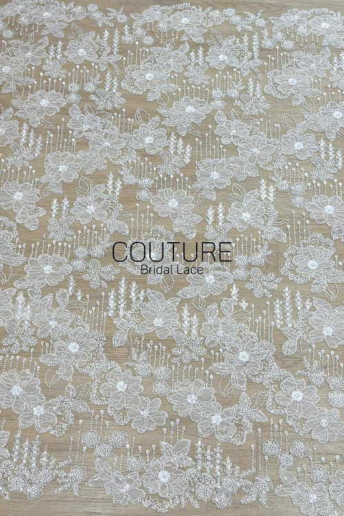 Beadings Lace: Ivory Floral Lace Appliqués with Densely Beaded Pearl Embellished Floral Edge, 3 Meters