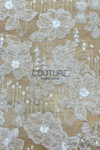 Beadings Lace: Ivory Floral Lace Appliqués with Densely Beaded Pearl Embellished Floral Edge, 3 Meters