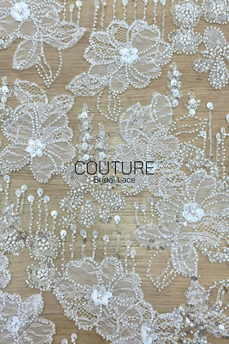 Beadings Lace: Ivory Floral Lace Appliqués with Densely Beaded Pearl Embellished Floral Edge, 3 Meters