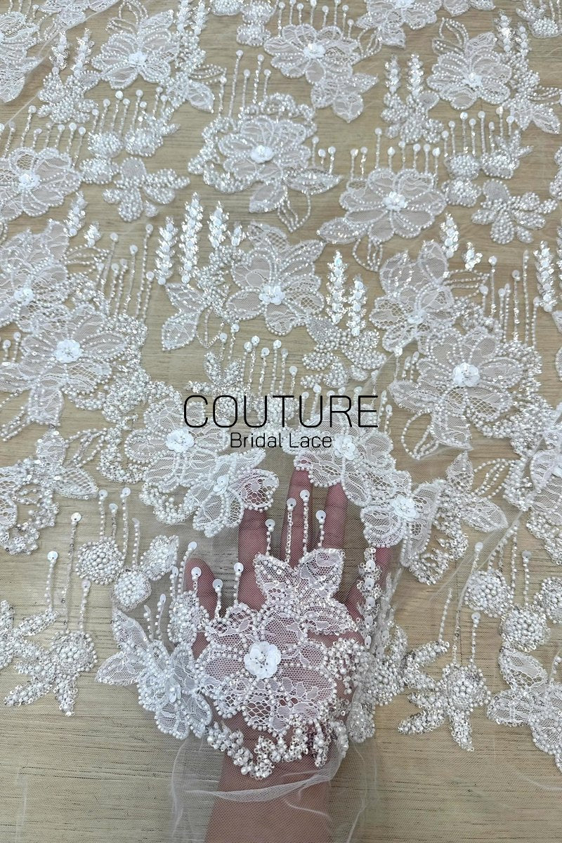 Beadings Lace: Ivory Floral Lace Appliqués with Densely Beaded Pearl Embellished Floral Edge, 3 Meters