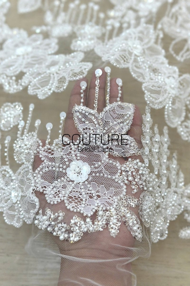 Beadings Lace: Ivory Floral Lace Appliqués with Densely Beaded Pearl Embellished Floral Edge, 3 Meters