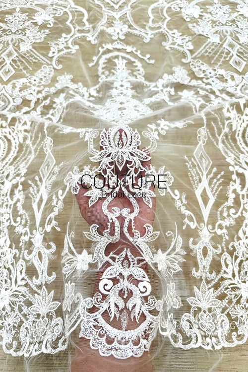 Beadings Lace: Ivory Ornate Baroque Medallion with Intricate Scalloped Floral Diamond Edge, 3 Meters