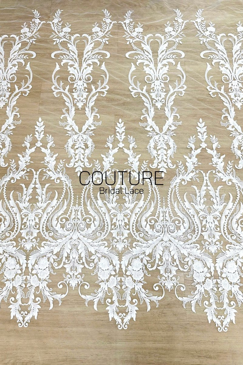 Beadings Lace: White Ornate Baroque Scrollwork with Floral Scalloped Lace Edge Detail, 3 Meters
