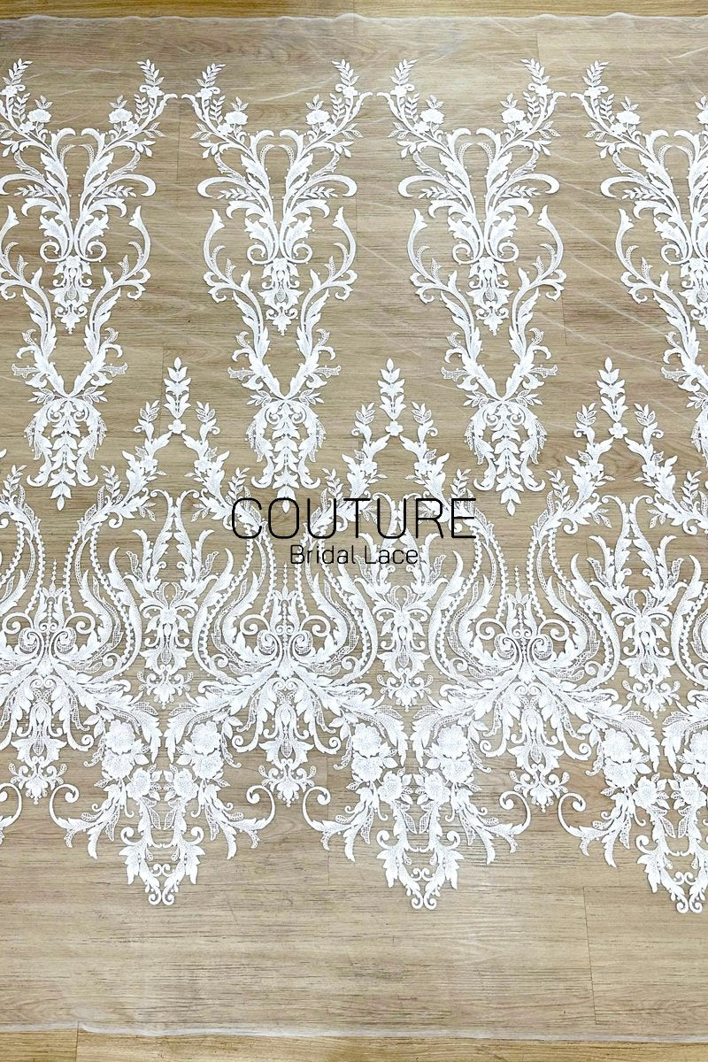 Beadings Lace: White Ornate Baroque Scrollwork with Floral Scalloped Lace Edge Detail, 3 Meters