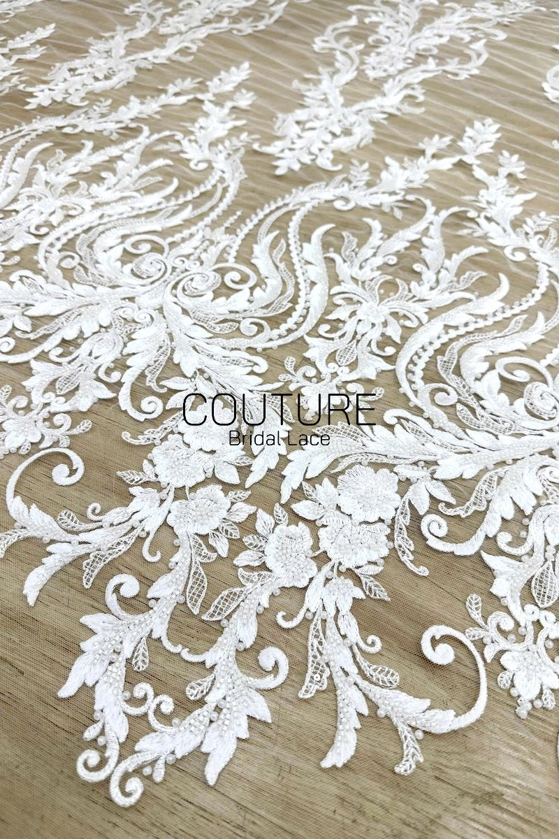 Beadings Lace: White Ornate Baroque Scrollwork with Floral Scalloped Lace Edge Detail, 3 Meters