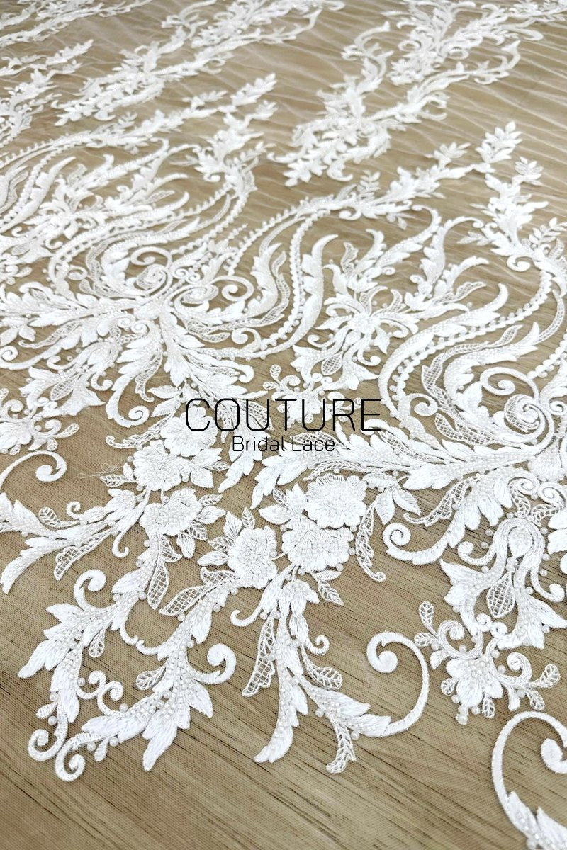 Beadings Lace: White Ornate Baroque Scrollwork with Floral Scalloped Lace Edge Detail, 3 Meters