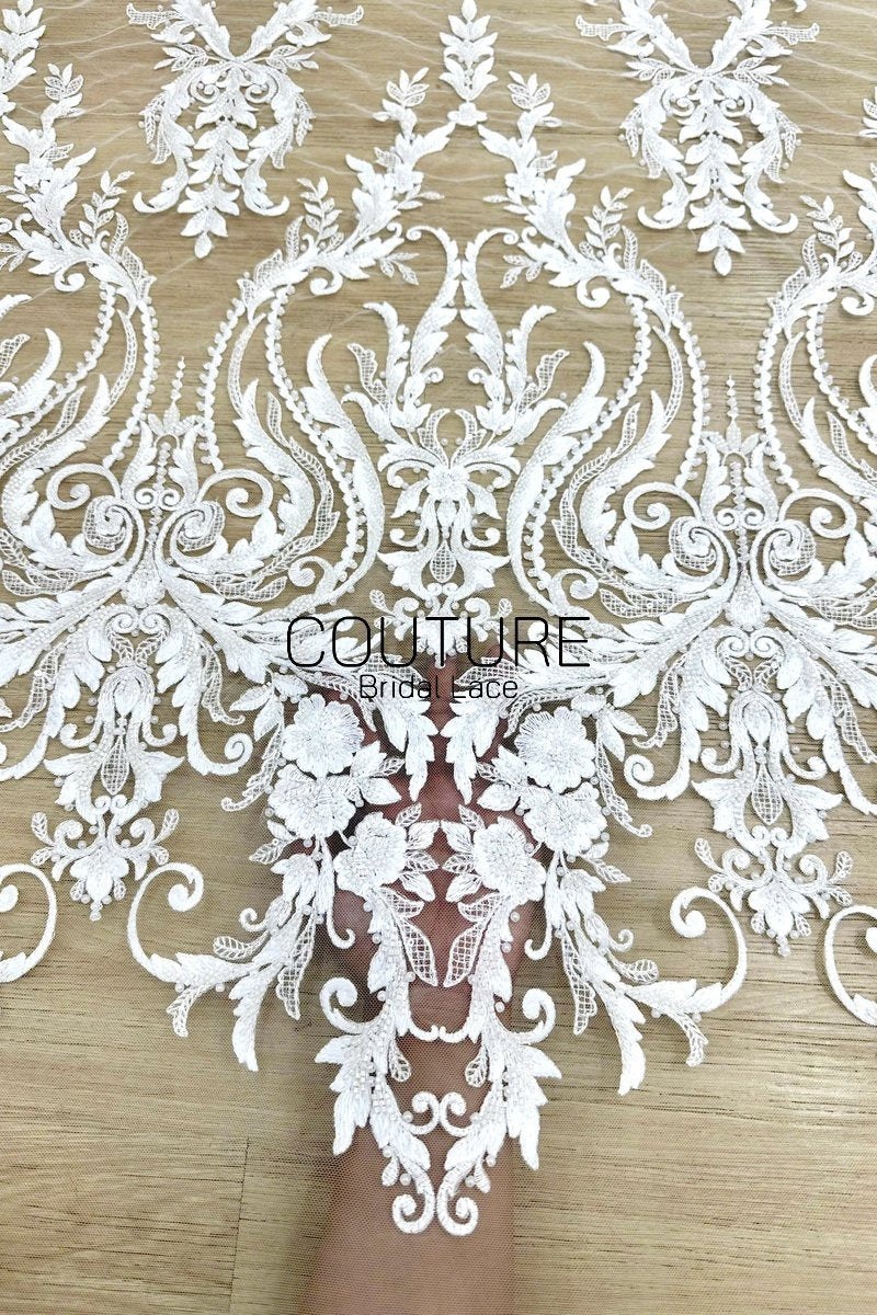 Beadings Lace: White Ornate Baroque Scrollwork with Floral Scalloped Lace Edge Detail, 3 Meters
