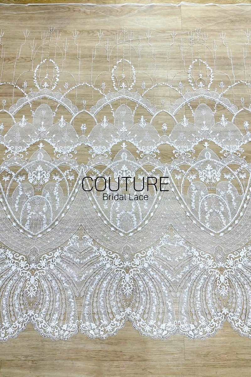 Beadings Lace: Ivory Ornate Floral Medallion Pattern with Scalloped Floral Beaded Lace Edge, 3 Meters