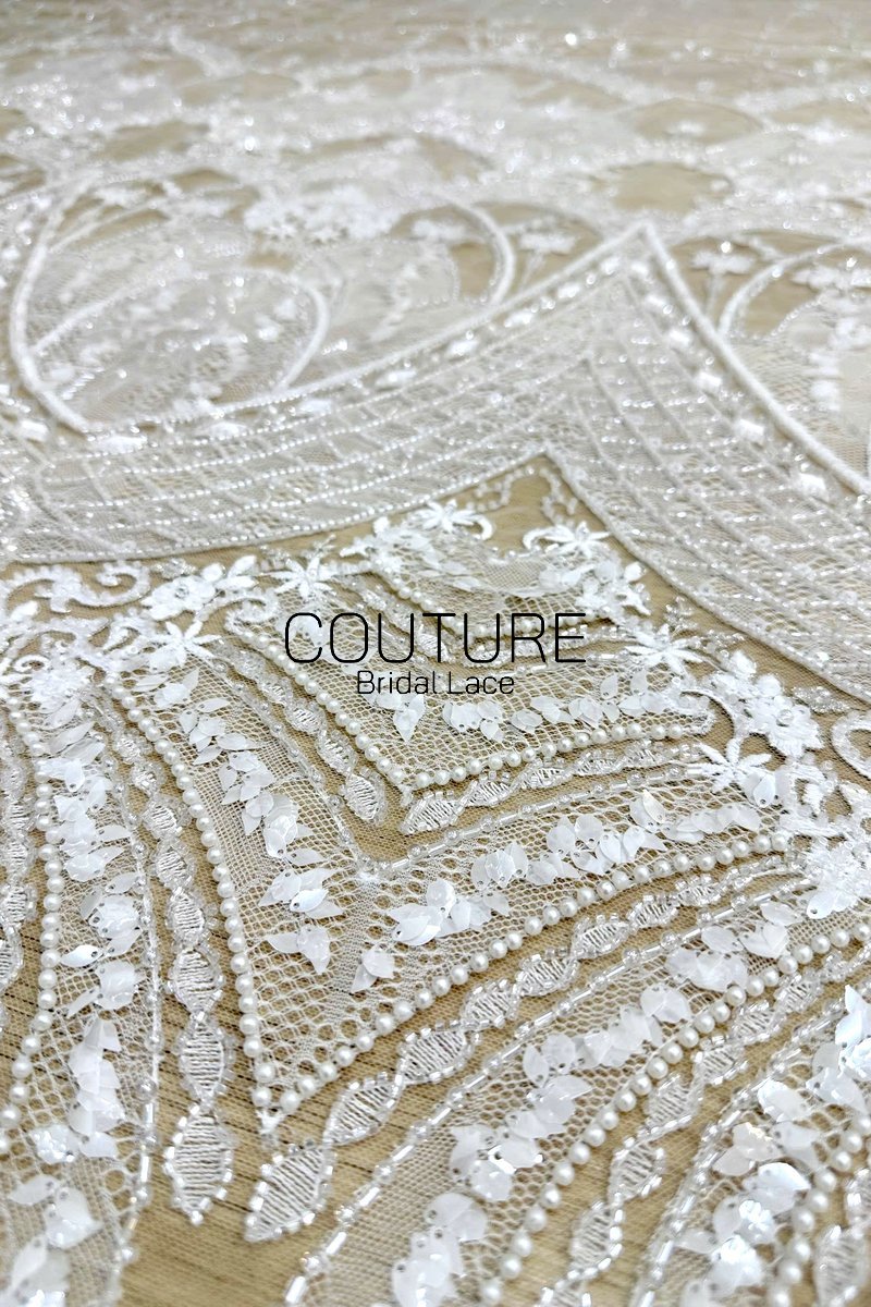 Beadings Lace: Ivory Ornate Floral Medallion Pattern with Scalloped Floral Beaded Lace Edge, 3 Meters