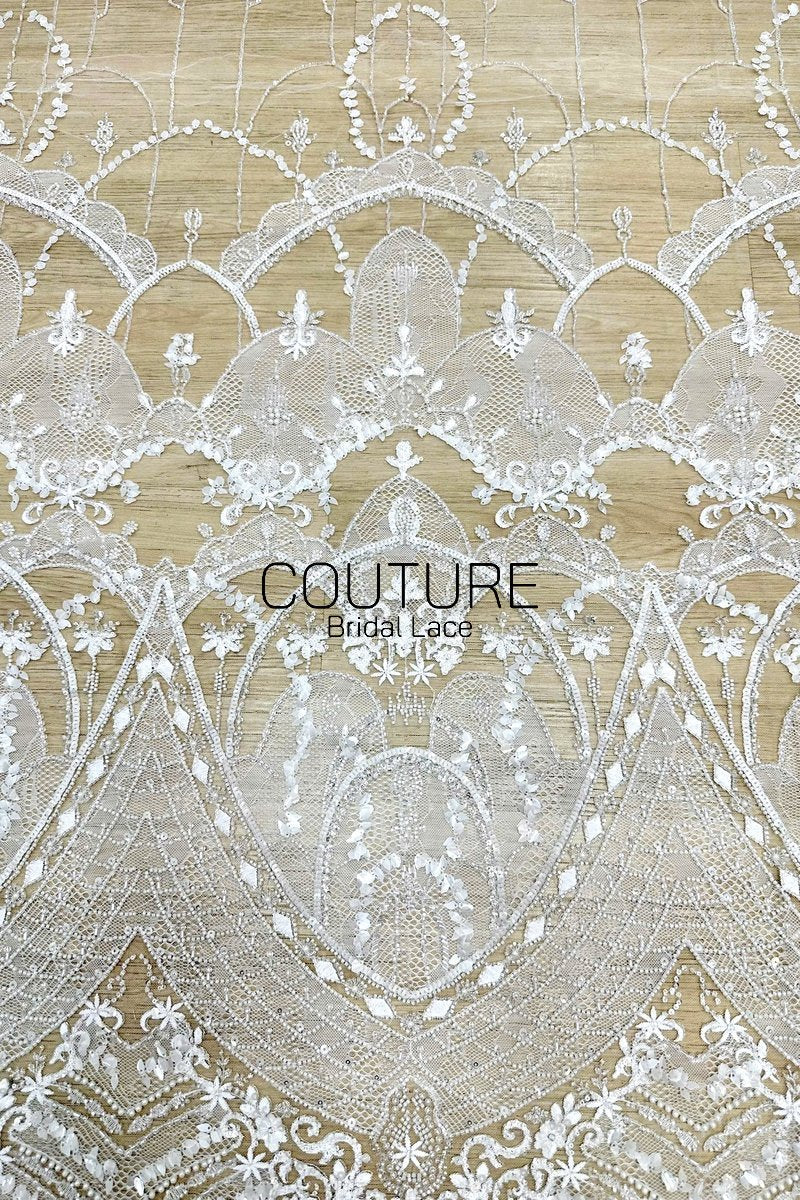 Beadings Lace: Ivory Ornate Floral Medallion Pattern with Scalloped Floral Beaded Lace Edge, 3 Meters