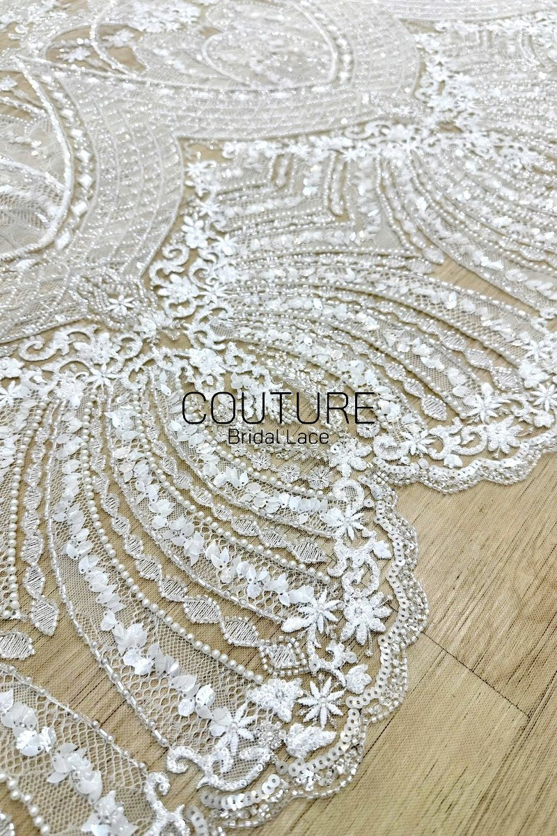 Beadings Lace: Ivory Ornate Floral Medallion Pattern with Scalloped Floral Beaded Lace Edge, 3 Meters