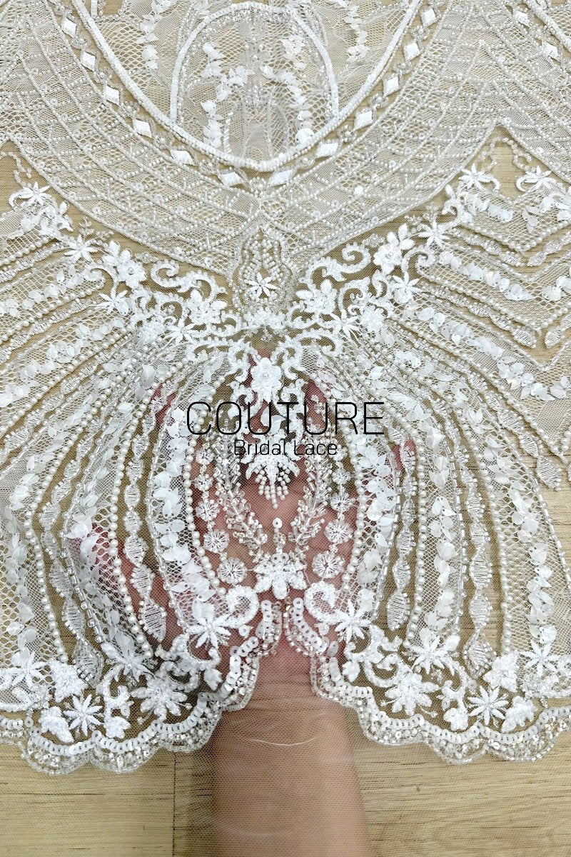 Beadings Lace: Ivory Ornate Floral Medallion Pattern with Scalloped Floral Beaded Lace Edge, 3 Meters