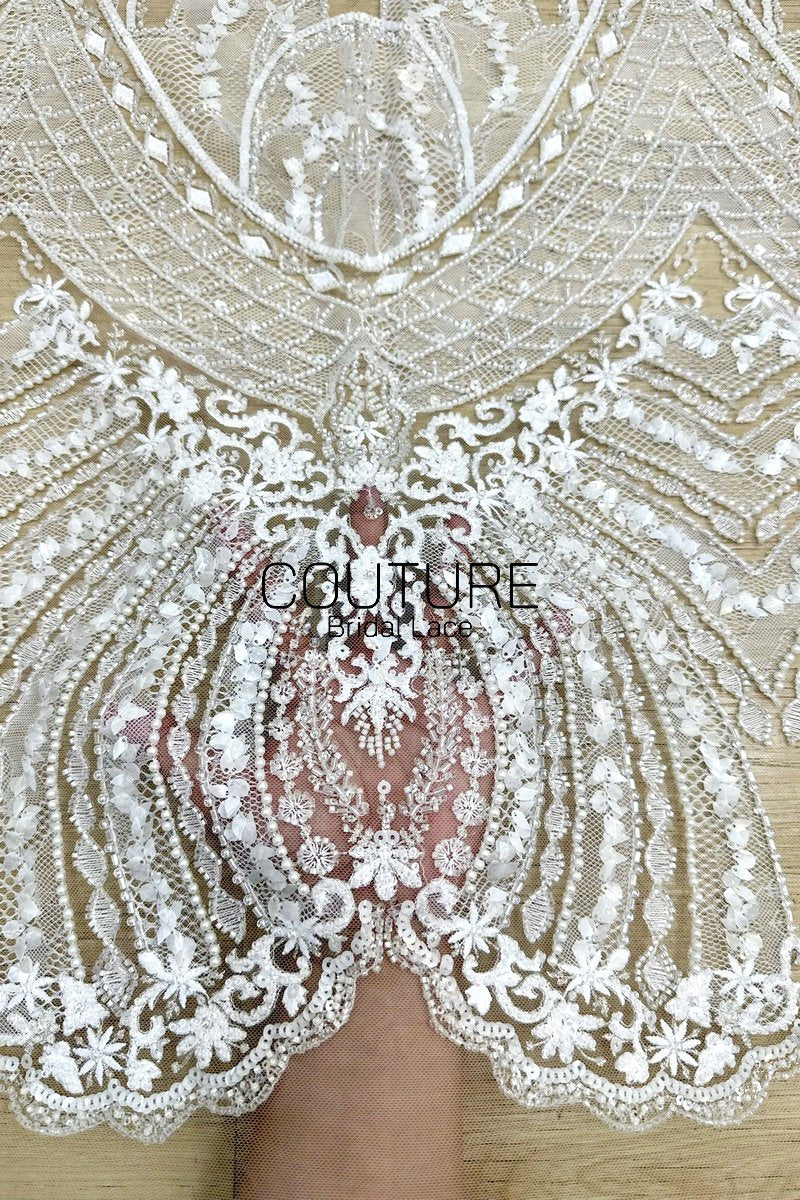 Beadings Lace: Ivory Ornate Floral Medallion Pattern with Scalloped Floral Beaded Lace Edge, 3 Meters