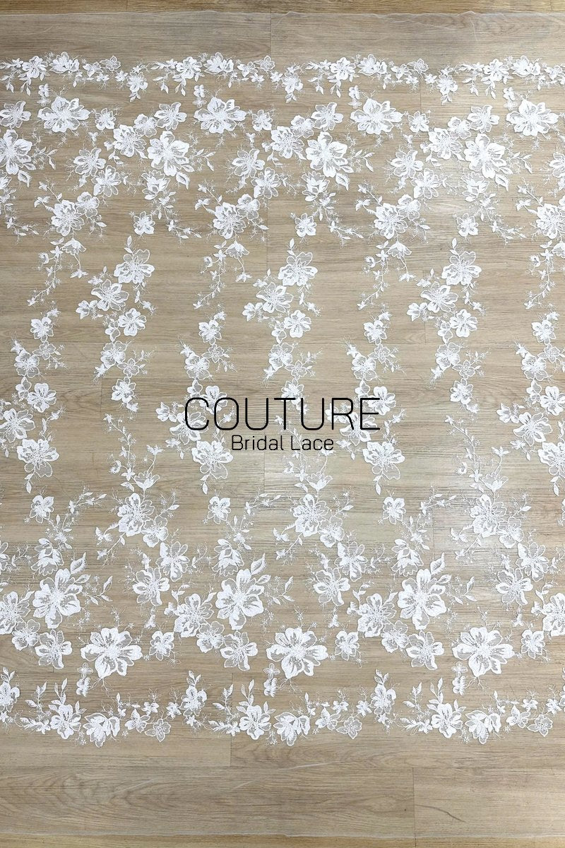 Beadings Lace: White Floral Embroidered Pattern with Scalloped Floral Edge Border, 3 Meters