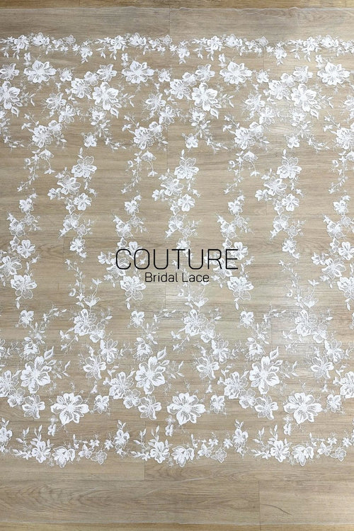 Beadings Lace: White Floral Embroidered Pattern with Scalloped Floral Edge Border, 3 Meters