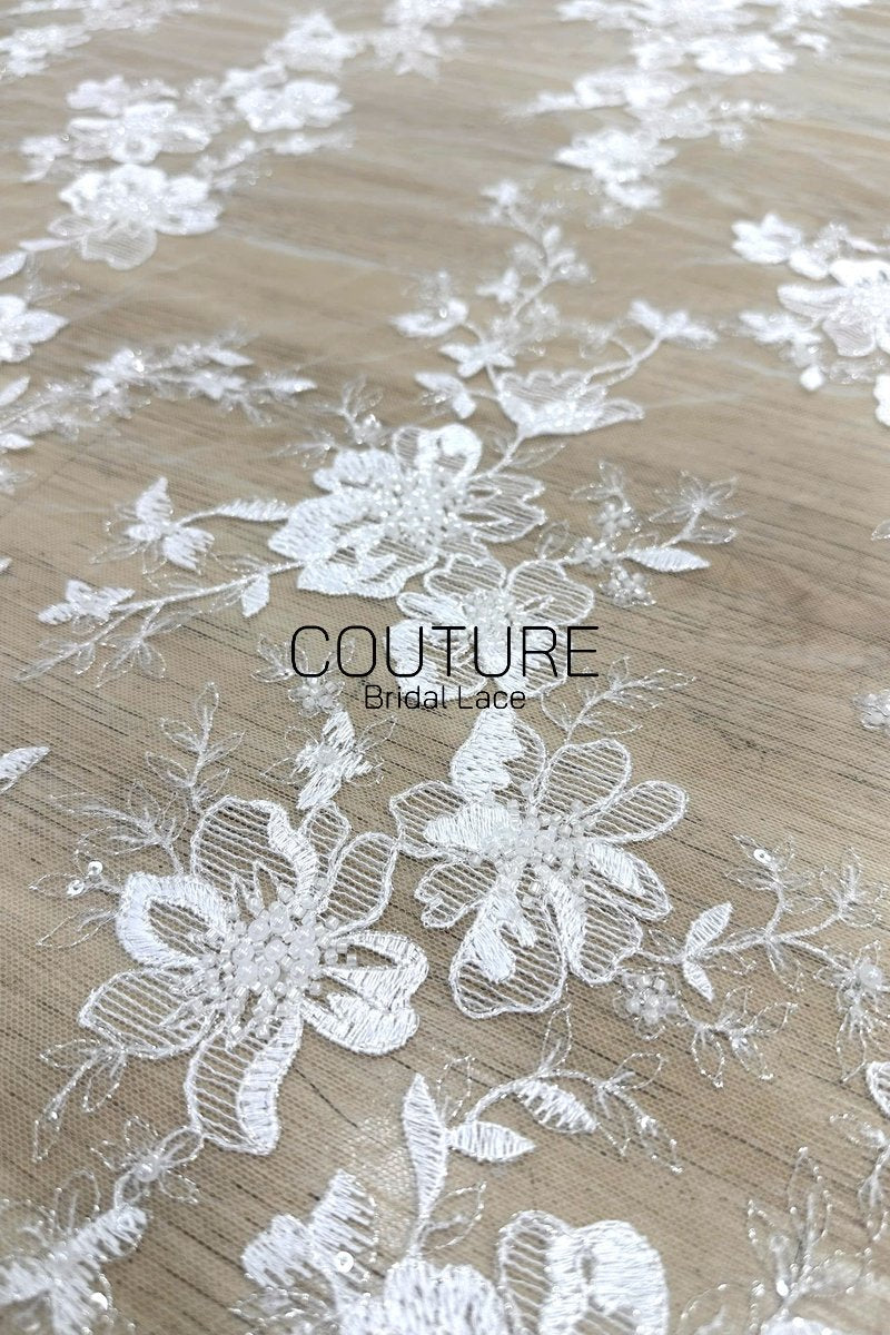 Beadings Lace: White Floral Embroidered Pattern with Scalloped Floral Edge Border, 3 Meters