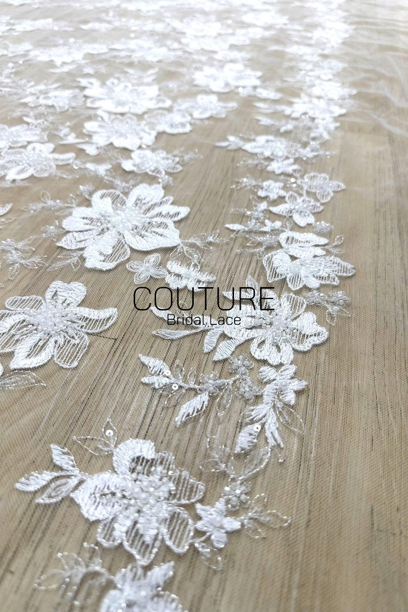 Beadings Lace: White Floral Embroidered Pattern with Scalloped Floral Edge Border, 3 Meters