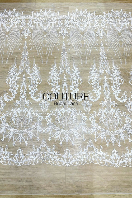Beadings Lace: Ivory Ornate Floral Scrollwork with Delicate Scalloped Eyelash Fringe Edge, 3 Meters