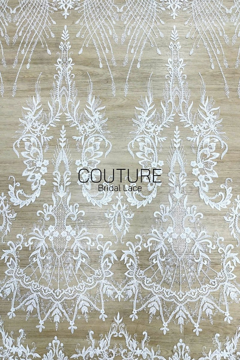 Beadings Lace: Ivory Ornate Floral Scrollwork with Delicate Scalloped Eyelash Fringe Edge, 3 Meters
