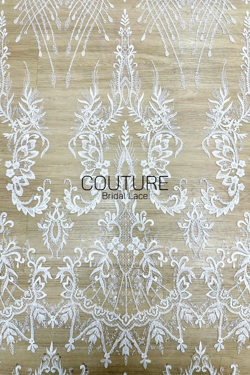 Beadings Lace: Ivory Ornate Floral Scrollwork with Delicate Scalloped Eyelash Fringe Edge, 3 Meters