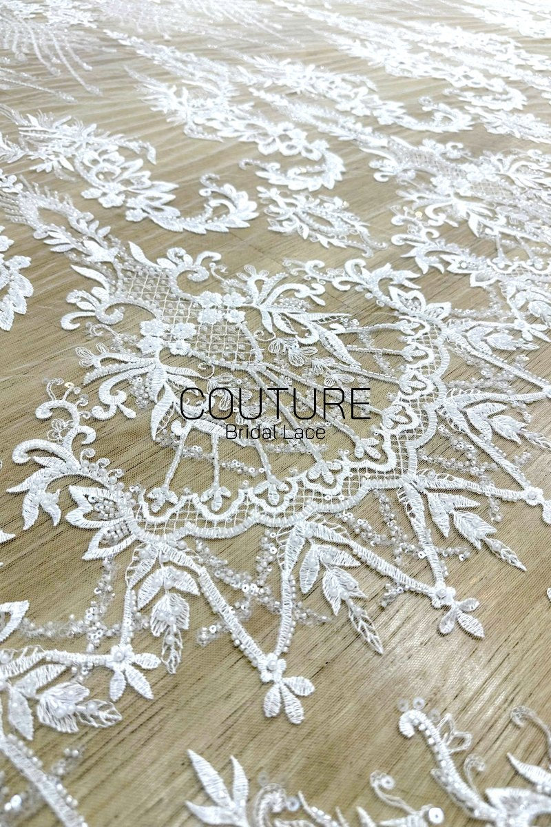 Beadings Lace: Ivory Ornate Floral Scrollwork with Delicate Scalloped Eyelash Fringe Edge, 3 Meters