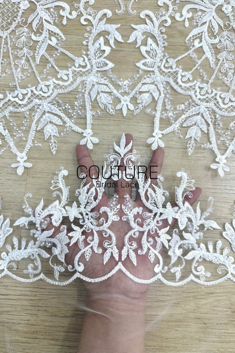 Beadings Lace: Ivory Ornate Floral Scrollwork with Delicate Scalloped Eyelash Fringe Edge, 3 Meters