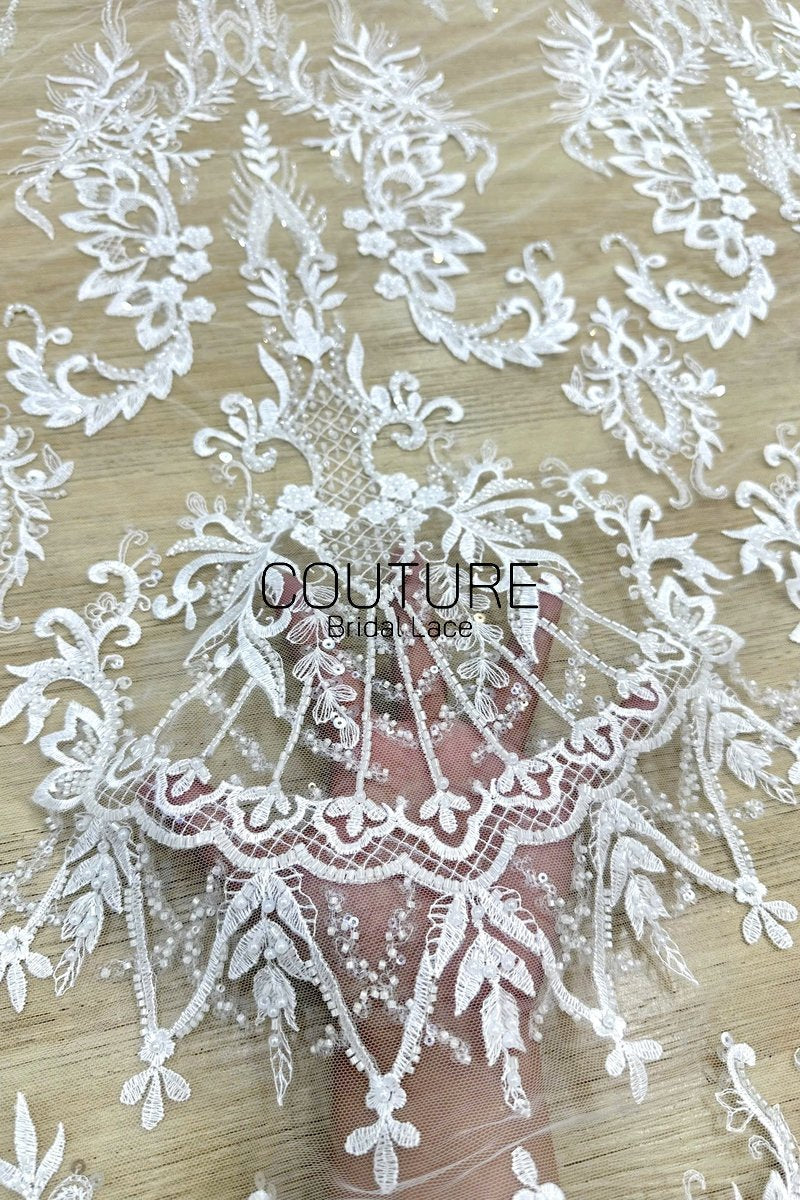 Beadings Lace: Ivory Ornate Floral Scrollwork with Delicate Scalloped Eyelash Fringe Edge, 3 Meters