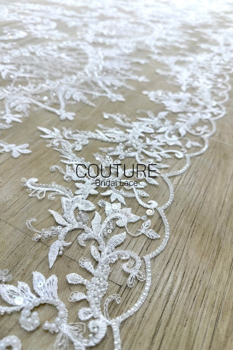 Beadings Lace: Ivory Ornate Floral Scrollwork with Delicate Scalloped Eyelash Fringe Edge, 3 Meters