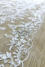 Beadings Lace: Ivory Ornate Floral Scrollwork with Delicate Scalloped Eyelash Fringe Edge, 3 Meters