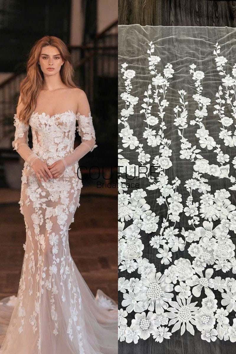 Floral Lace: White Dimensional Floral Vine Clusters with Scalloped Floral Edge Border, 1 Meter