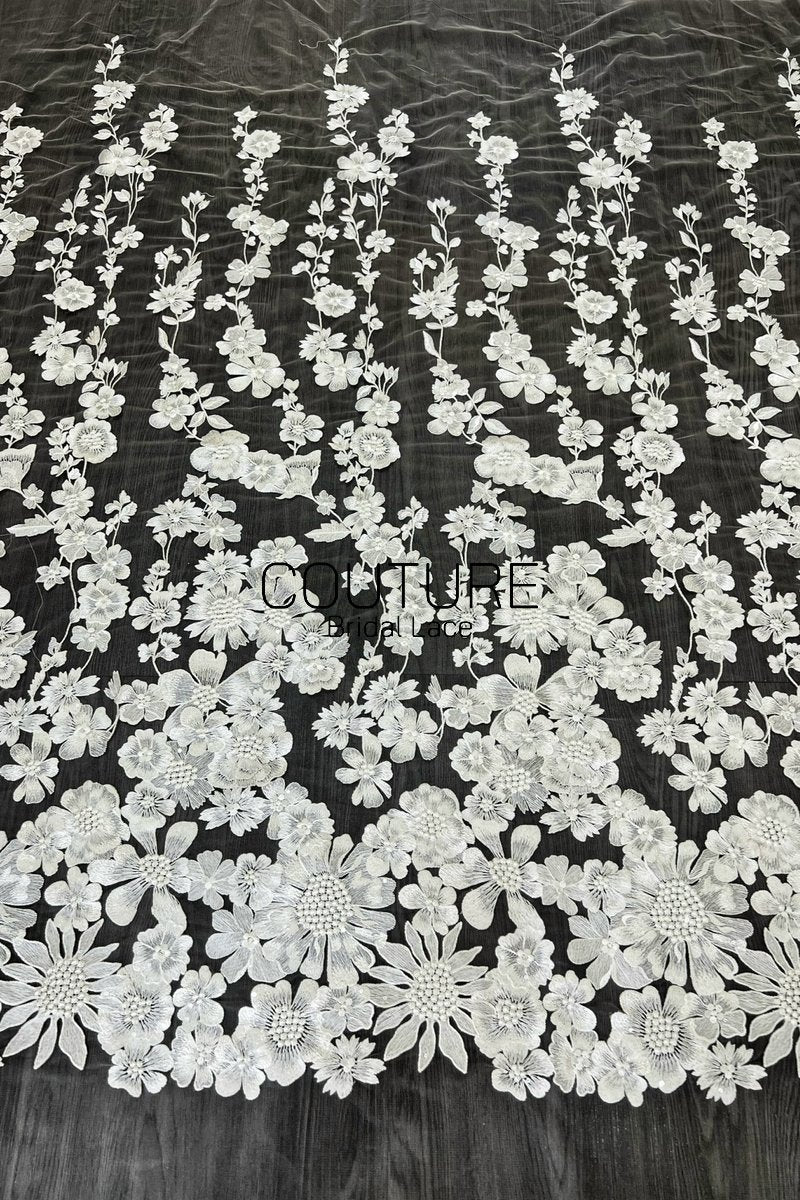 Floral Lace: White Dimensional Floral Vine Clusters with Scalloped Floral Edge Border, 1 Meter