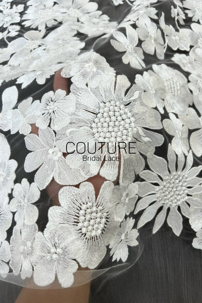 Floral Lace: White Dimensional Floral Vine Clusters with Scalloped Floral Edge Border, 1 Meter