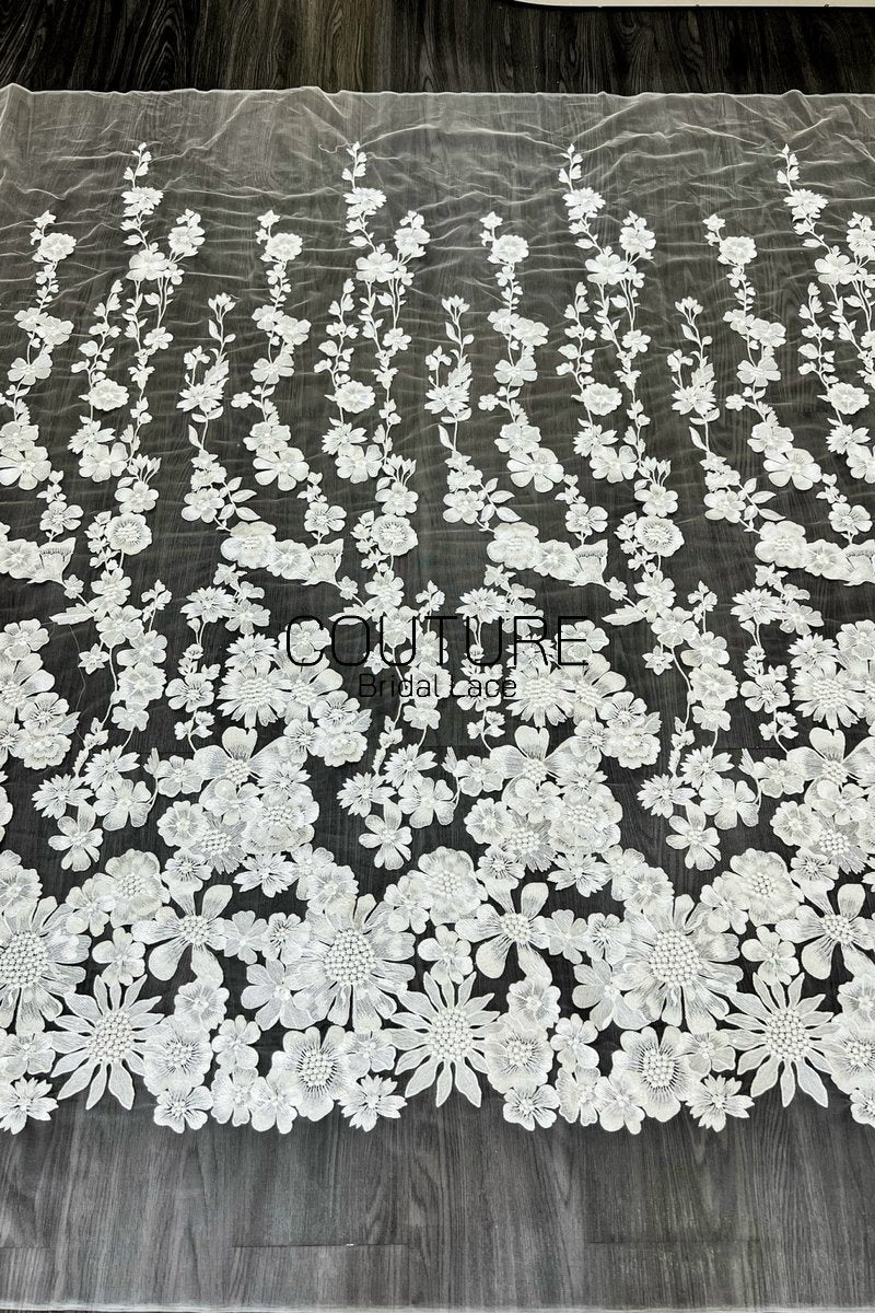 Floral Lace: White Dimensional Floral Vine Clusters with Scalloped Floral Edge Border, 1 Meter