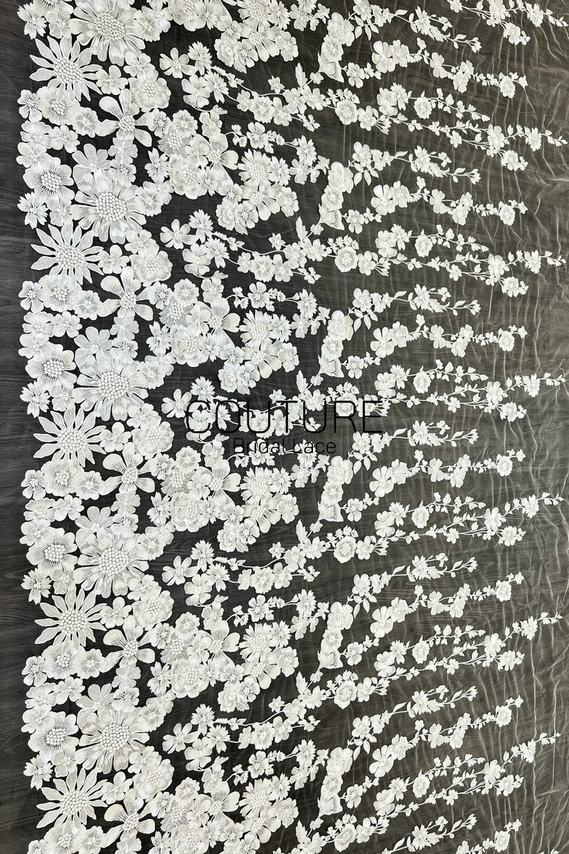 Floral Lace: White Dimensional Floral Vine Clusters with Scalloped Floral Edge Border, 1 Meter