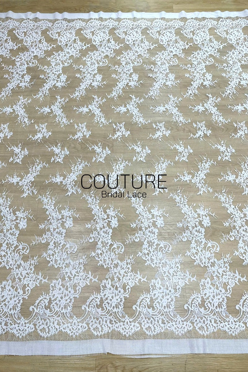 Corded Chantilly French Lace: White Diagonal Floral Sprays with Scrolling Vine Scalloped Border, 3 Meters
