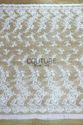 Corded Chantilly French Lace: White Diagonal Floral Sprays with Scrolling Vine Scalloped Border, 3 Meters