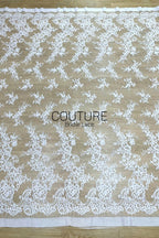 Corded Chantilly French Lace: White Diagonal Floral Sprays with Scrolling Vine Scalloped Border, 3 Meters