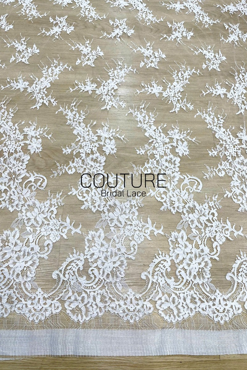 Corded Chantilly French Lace: White Diagonal Floral Sprays with Scrolling Vine Scalloped Border, 3 Meters