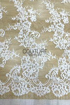 Corded Chantilly French Lace: White Diagonal Floral Sprays with Scrolling Vine Scalloped Border, 3 Meters