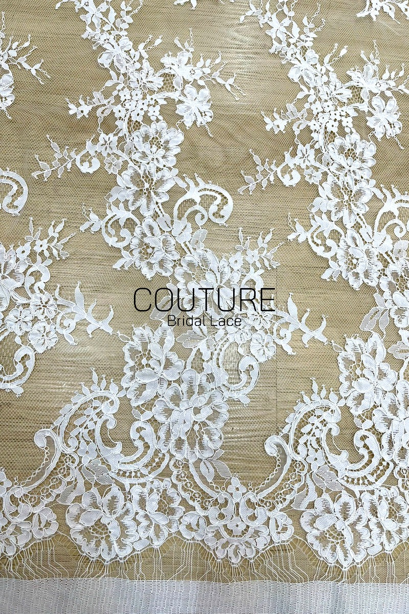 Corded Chantilly French Lace: White Diagonal Floral Sprays with Scrolling Vine Scalloped Border, 3 Meters