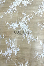 Corded Chantilly French Lace: White Diagonal Floral Sprays with Scrolling Vine Scalloped Border, 3 Meters