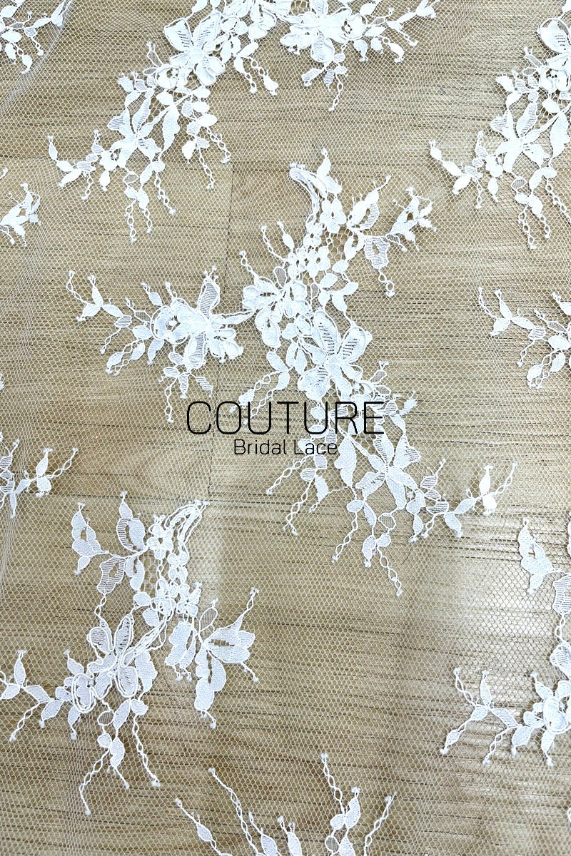 Corded Chantilly French Lace: White Diagonal Floral Sprays with Scrolling Vine Scalloped Border, 3 Meters